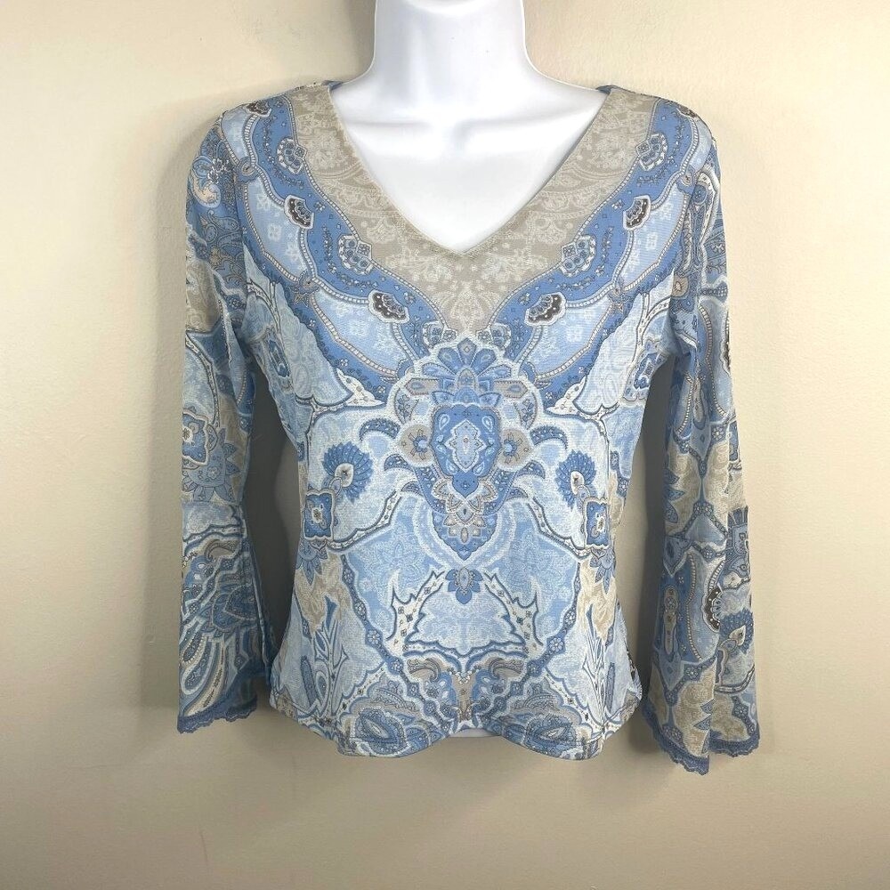Vintage Y2K Womens Boho Indie Flare Sleeve Mesh Top Petite Small Paisley AOP